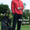 A male golfer wearing a red shirt and black pants stands on a golf course with a PGM/ST035 golf glove visible.