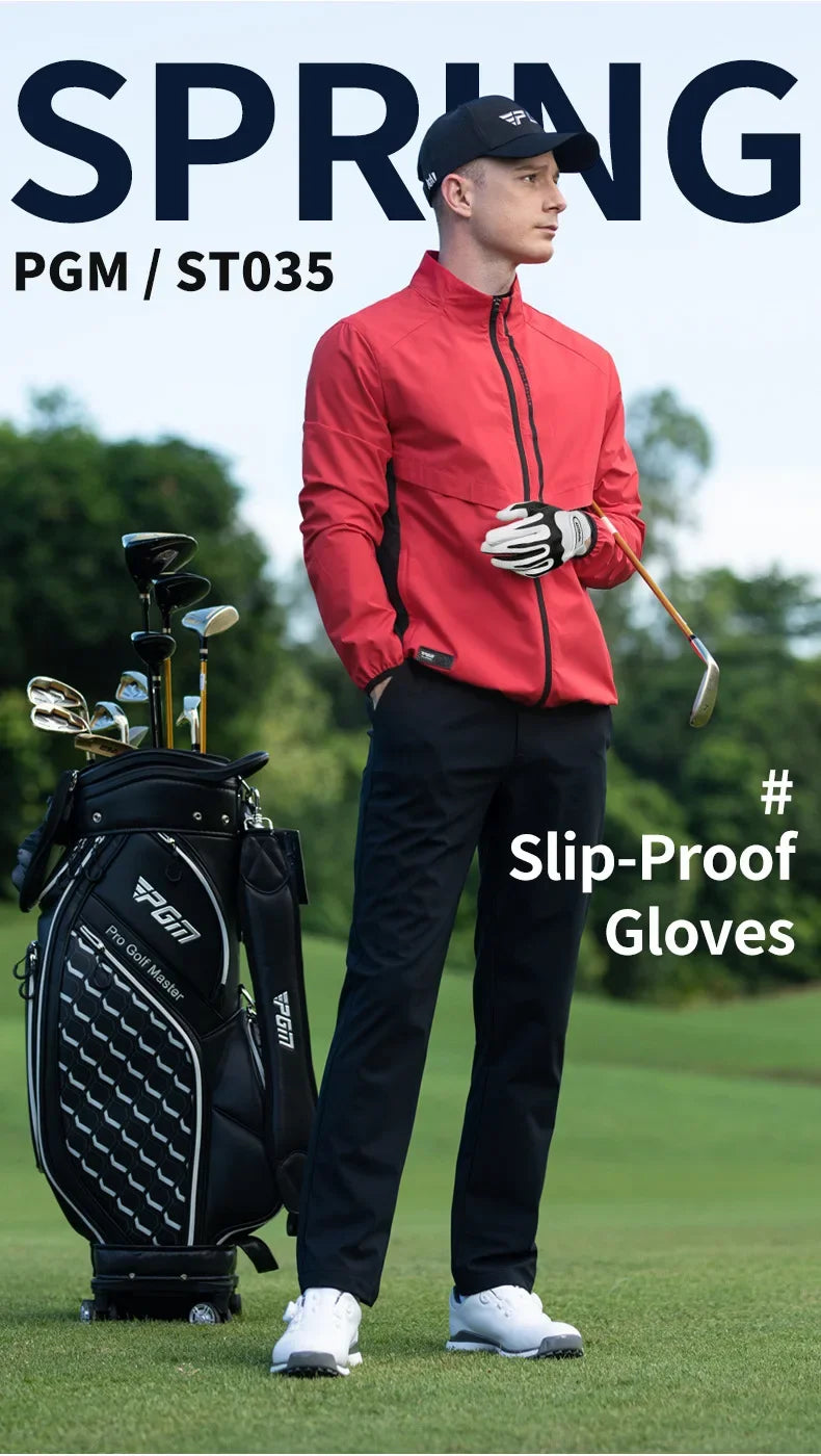 A male golfer wearing a red shirt and black pants stands on a golf course with a PGM/ST035 golf glove visible.