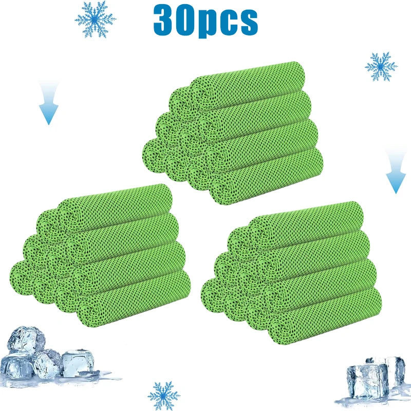 A set of 30 green cooling microfiber towels for sports and wellness, shown in various arrangements.