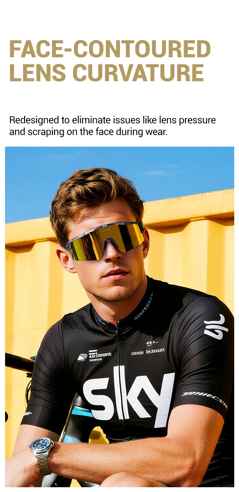 A male model wearing face-contoured lens curvature sunglasses while sitting on a bicycle.