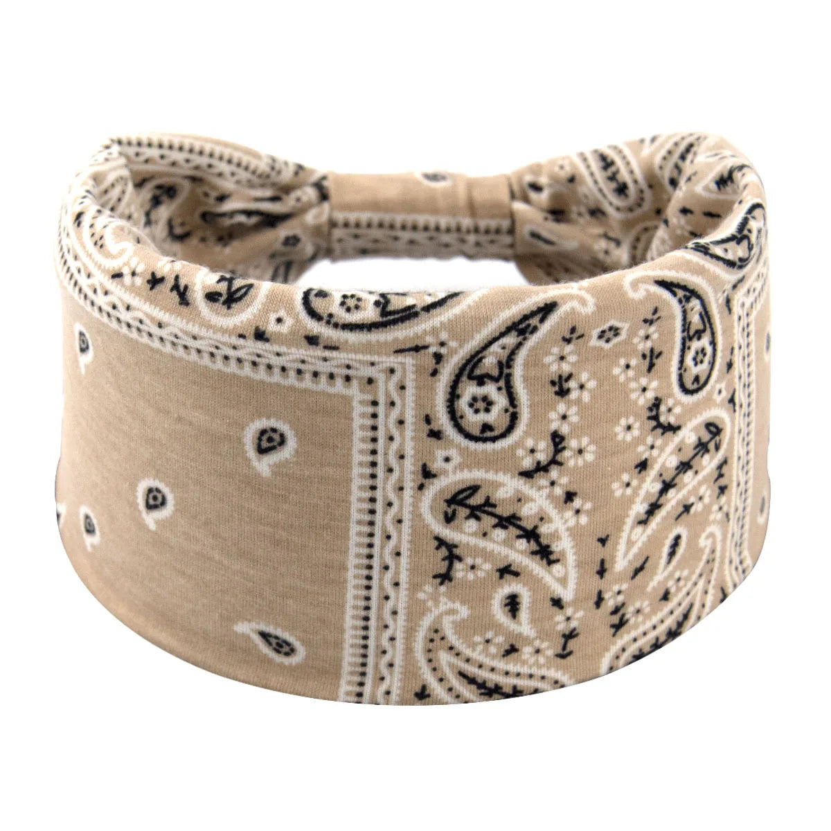 Beige Boho-Twist-Haarband mit filigranen schwarzen Blumen- und Paisley-Mustern.