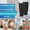 Black medical-grade compression sleeves being worn on legs for support and circulation.