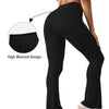 A woman wearing black flared yoga trousers and a light green sports bra, highlighting the high waisted design.