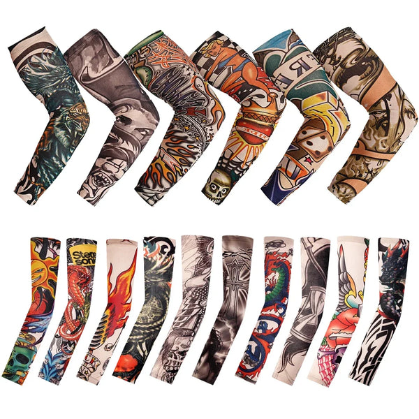 Collection de manches de tatouage stretch réutilisables avec divers designs colorés et détaillés.