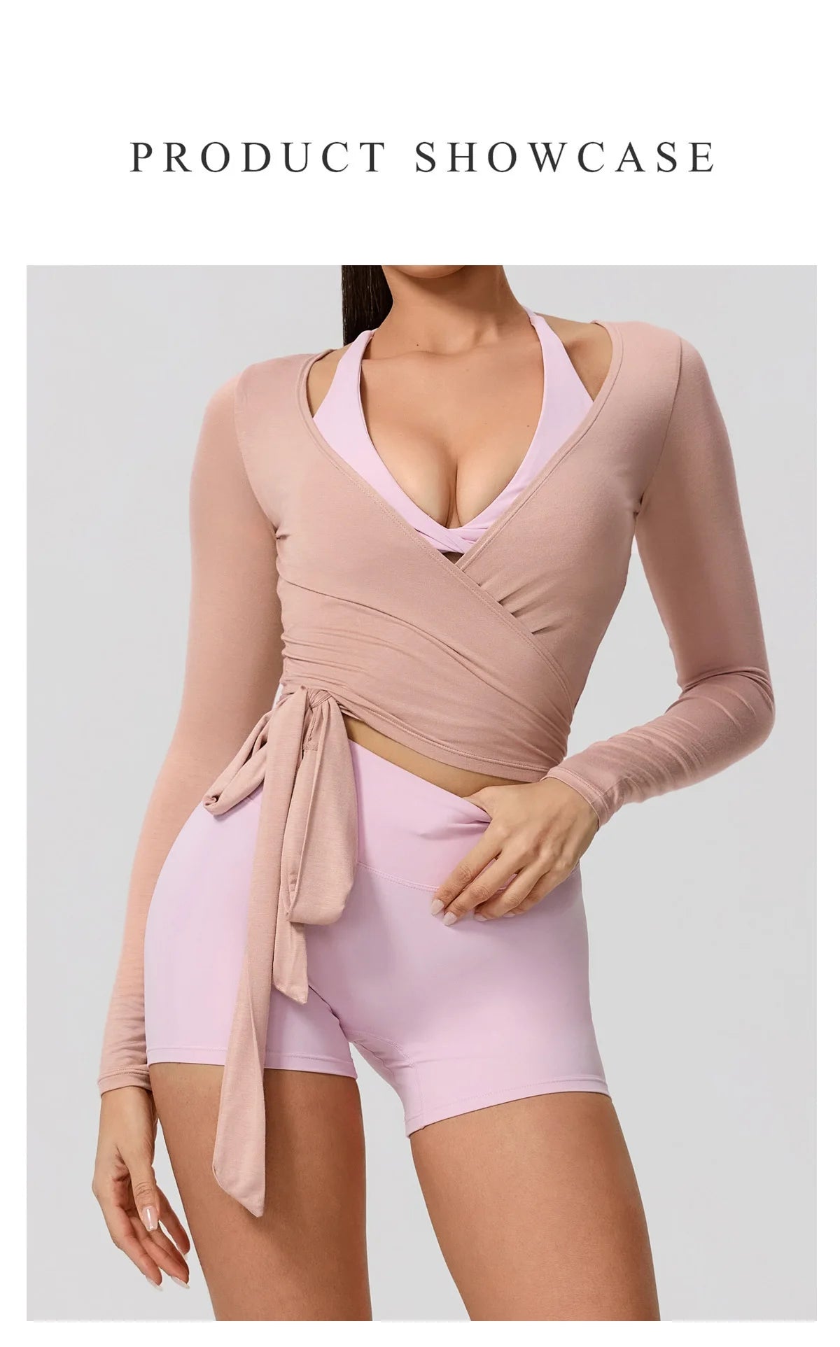 A model wearing a mauve long sleeve top and matching shorts for a product showcase.
