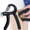 A black hand grip strengthener is shown being held by a person, with dimensions marked.