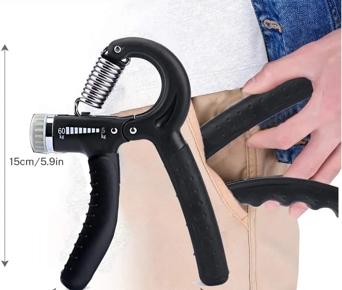 A black hand grip strengthener is shown being held by a person, with dimensions marked.