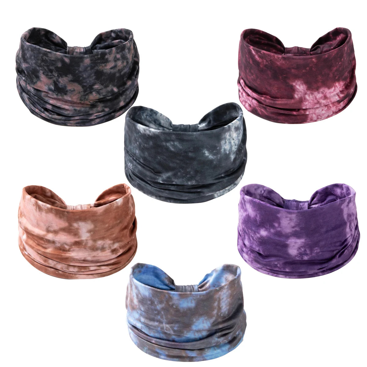 Colección de cinco pañuelos boho de teñido anudado en tonos gris oscuro, púrpura intenso, rosa empolvado, azul índigo y cirue