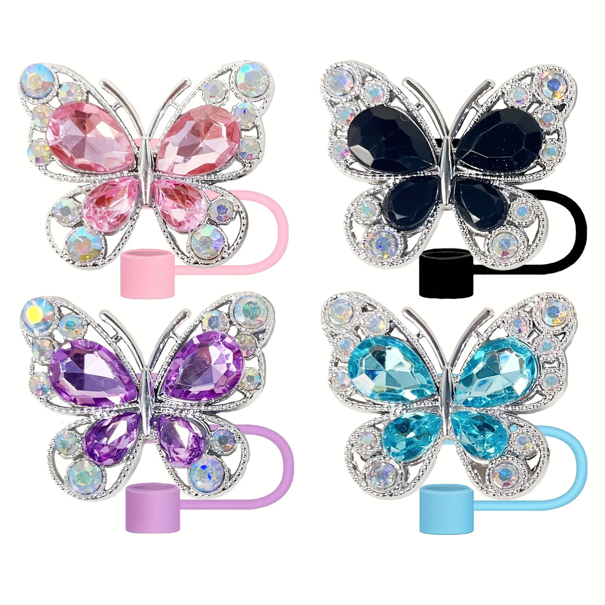 Un set de quatre pailles à papillons en silicone rose, noir, violet et bleu avec des accents scintillants.