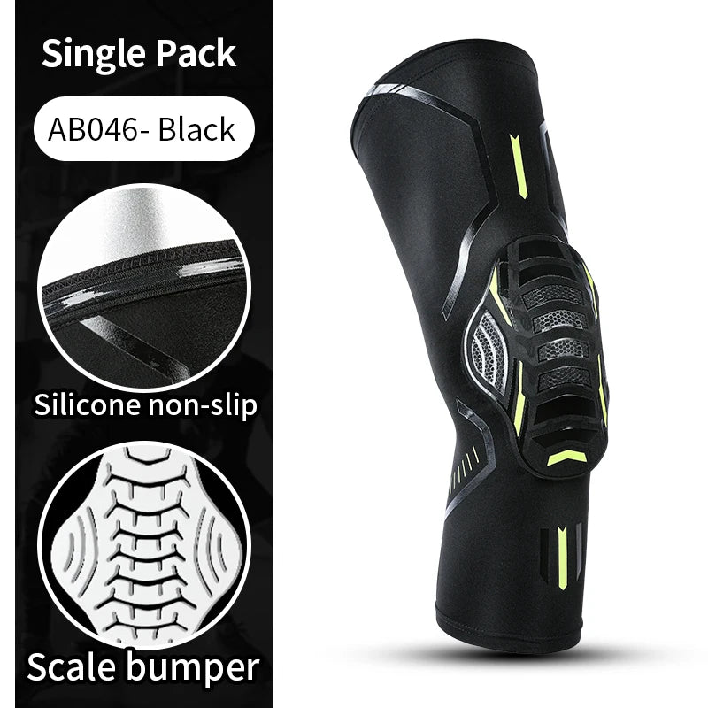 Black compression knee brace with silicone non-slip material and scale bumper features