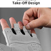 A hand is demonstrating the convenient take-off design of a gray cycling glove for MTB and sports.