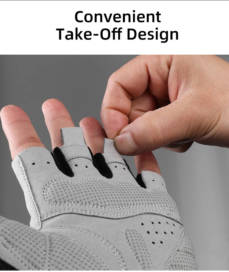 A hand is demonstrating the convenient take-off design of a gray cycling glove for MTB and sports.