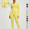 Model in yellow yoga top and leggings, with inset fabric detail.