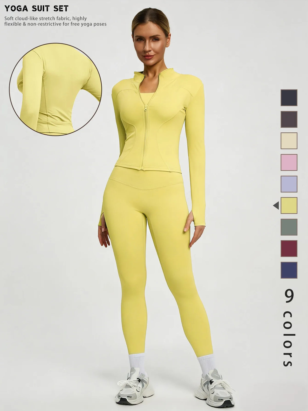 Model in yellow yoga top and leggings, with inset fabric detail.