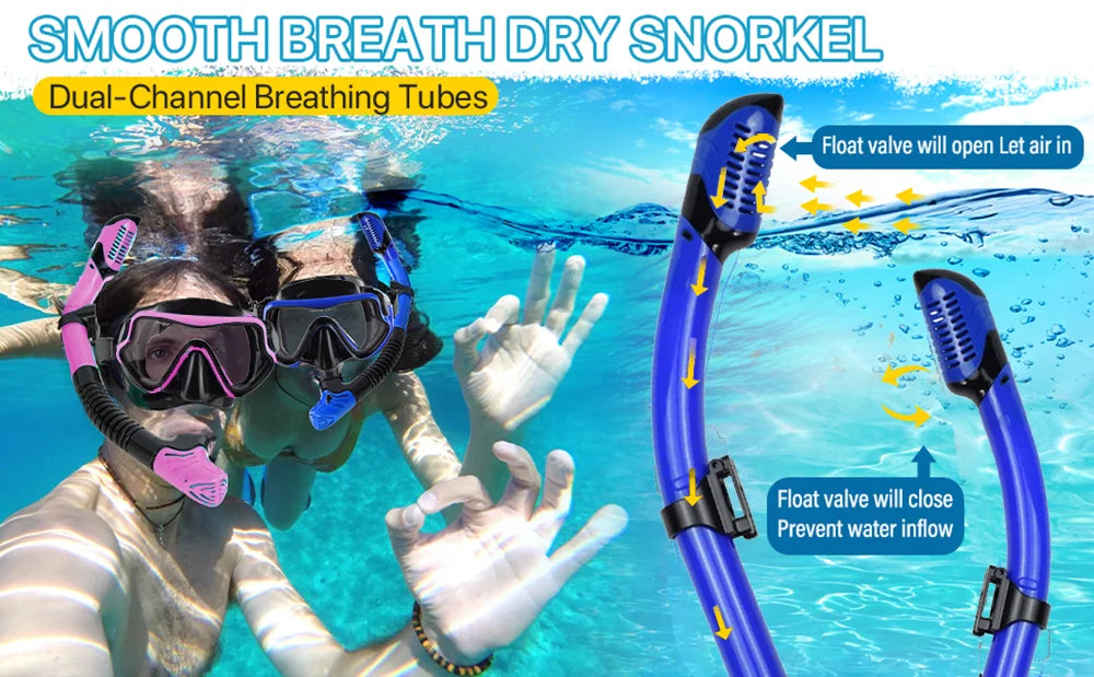 Premium 3-in-1 Snorkeling Set with Panoramic Mask, Dry Snorkel, and Adjustable Fins