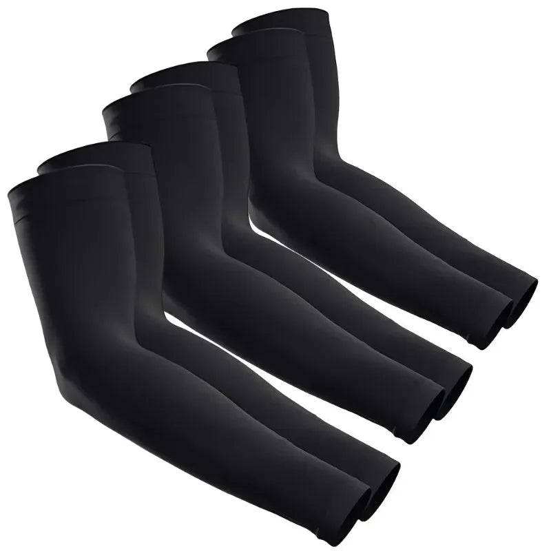 A set of black ice silk UV protection arm sleeves displayed in a row.