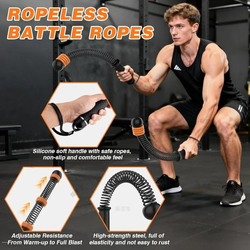 A muscular man is demonstrating a ropeless battle rope exercise with black and orange resistance tubes.