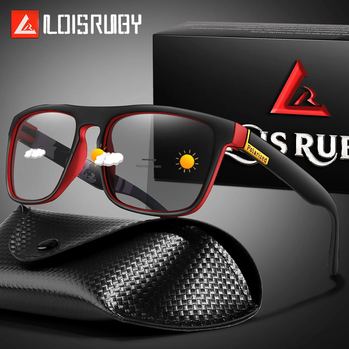 A pair of red-framed photochromic square sunglasses resting on a black leather case.