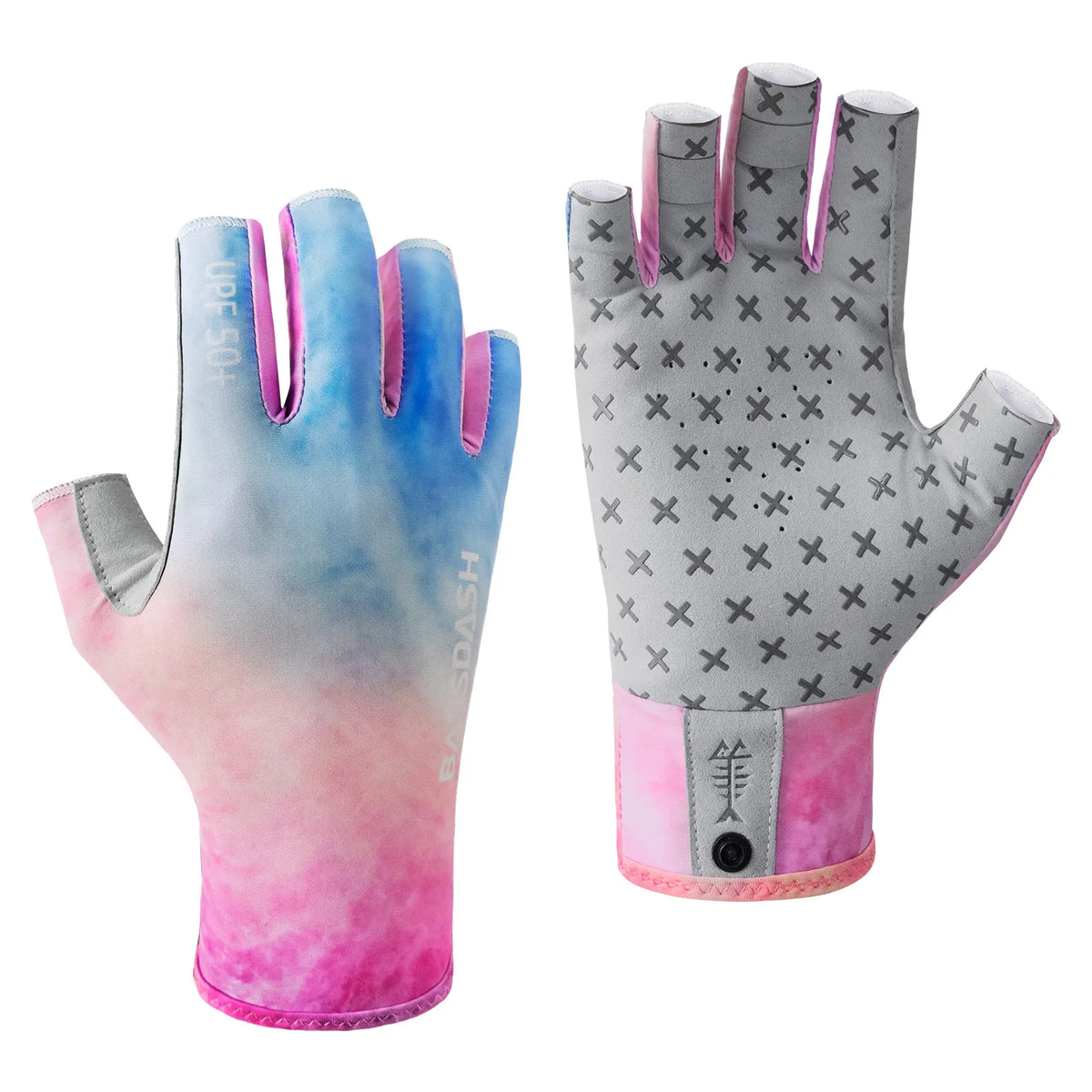 A pair of pink and gray fingerless sun gloves for outdoor activities.