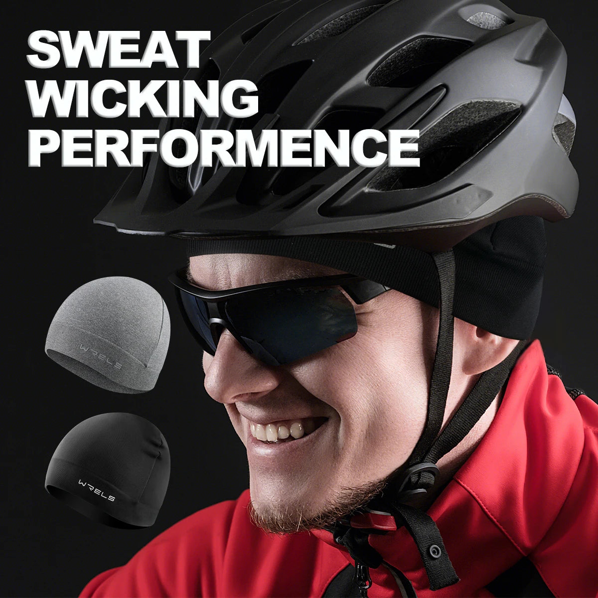 A man wearing a black helmet and sunglasses while demonstrating sweat-wicking performance.