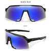 Black and blue polarized cycling sunglasses shown from the front and side views.