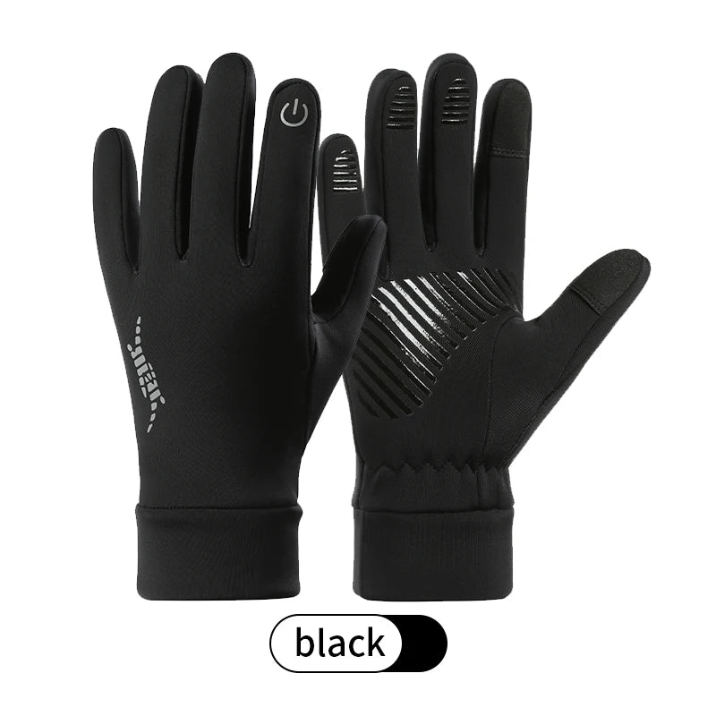 A pair of black thermal knit winter ski gloves shown against a white background.