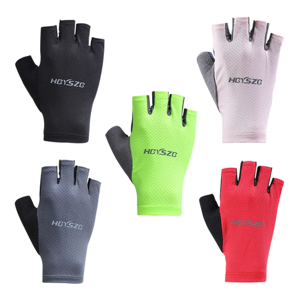 A collection of fingerless cycling and fitness gloves in black, pink, gray, lime green, and red.