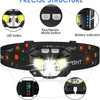 A black LED headlamp featuring key/sensor buttons, a battery indicator, an elastic headband, and a USB charging port.