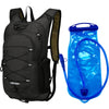Black multipurpose outdoor backpack with a blue water bag and hose