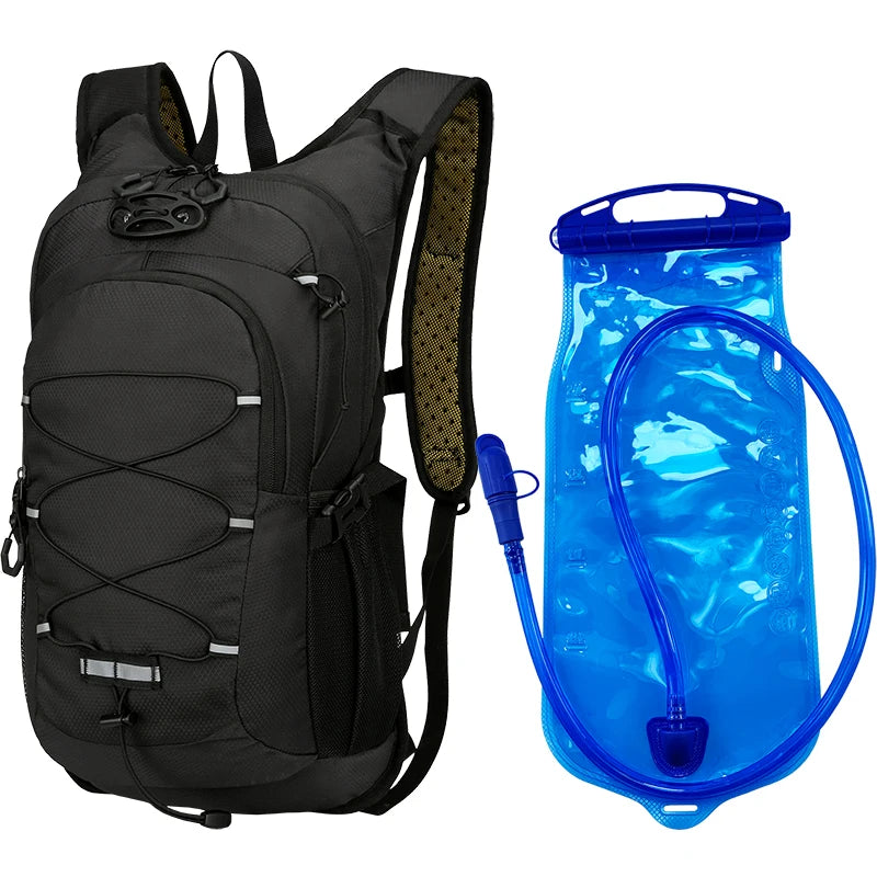 Black multipurpose outdoor backpack with a blue water bag and hose