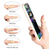 An ergonomic finger splint device shown with diagrams illustrating the bent, mallet, trigger, and fixation of a finger joint.
