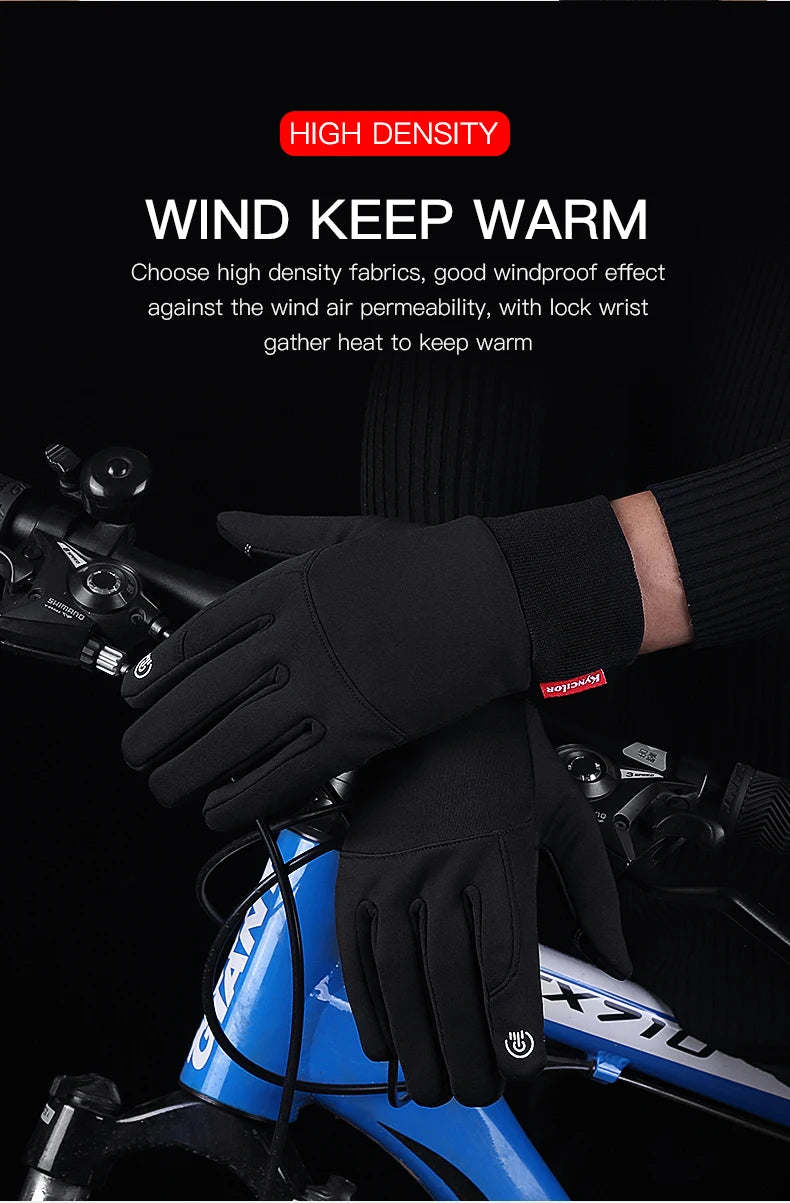Black windproof sports gloves being worn on a bicycle handlebar.