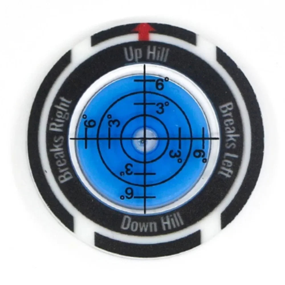 A circular golf ball marker and slope meter with a compass design showing directions like Up Hill, Down Hill, Breaks Right, a