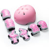A pink and gray protective gear set for kids including a helmet and pads for skates and scooters.