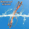 An orange and black sports reading glasses frame is shown being splashed by water, demonstrating its waterproof oil proof qua