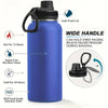 A blue insulated stainless steel vacuum water bottle with a wide handle and leak-proof lid.