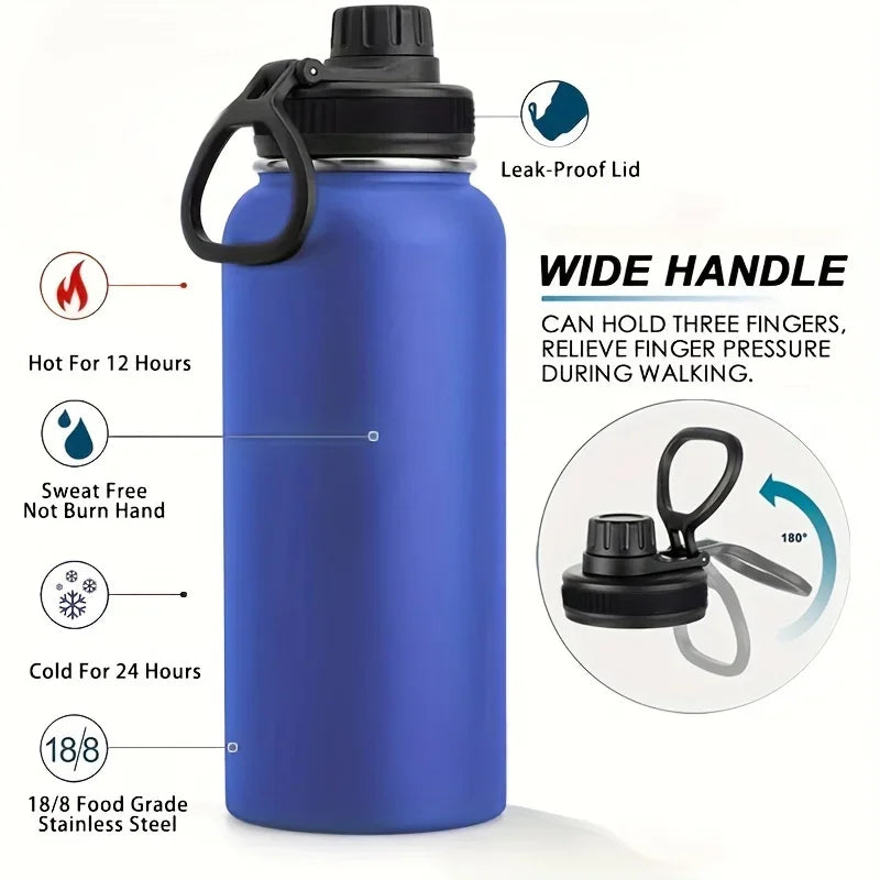 A blue insulated stainless steel vacuum water bottle with a wide handle and leak-proof lid.