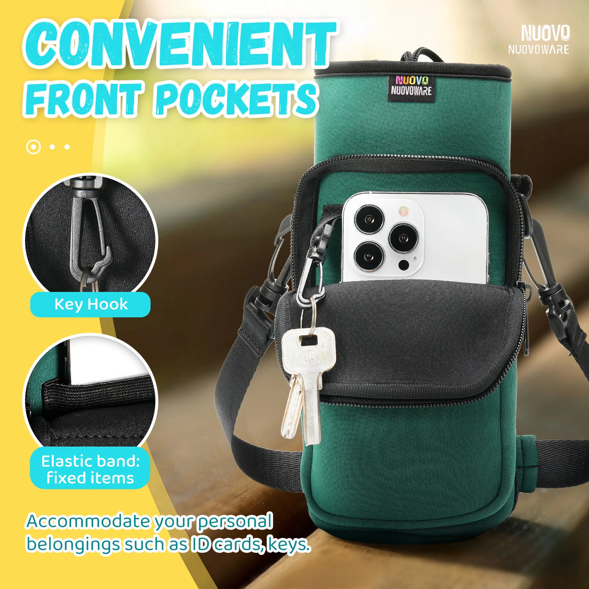 A green and black sling carrier bag with front pockets for holding ID cards and keys.