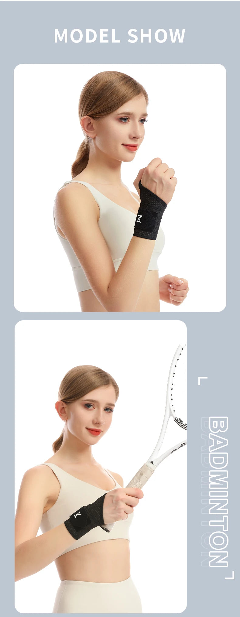 A female model demonstrates the use of a black wrist support brace for fitness.