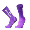 Purple anti-slip silicone grip football socks shown in a full view.