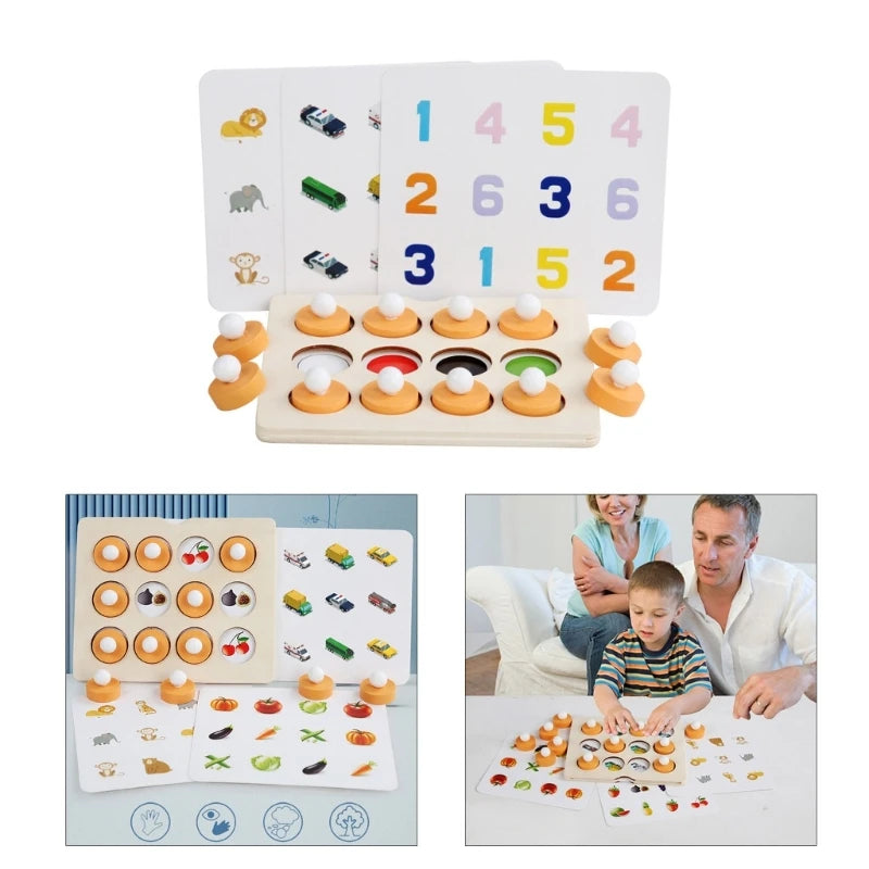 A set of wooden memory match puzzles featuring chess pieces and various shapes for children's educational play