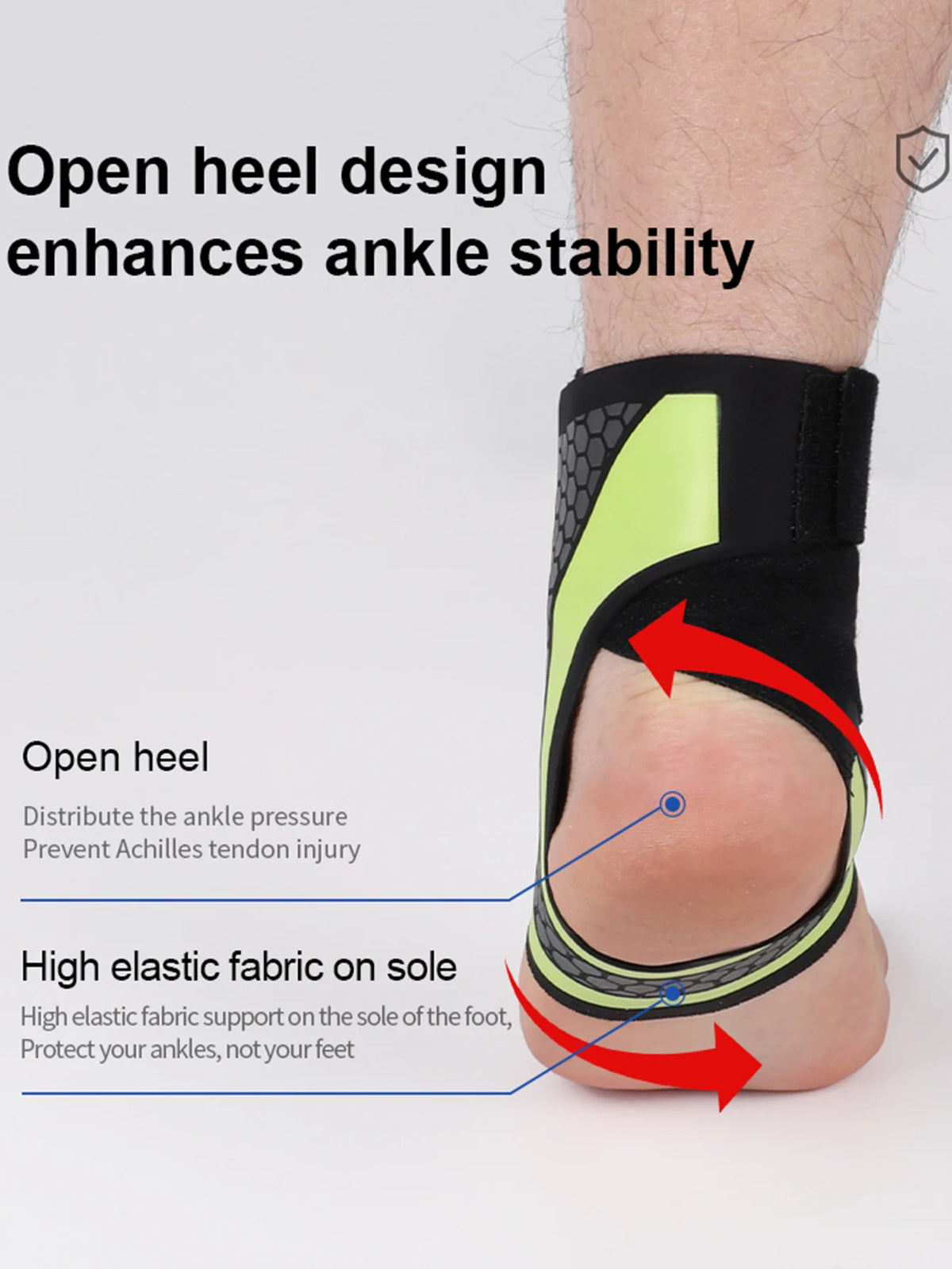 A person's ankle is shown wearing a black and neon yellow compression support designed to enhance stability.
