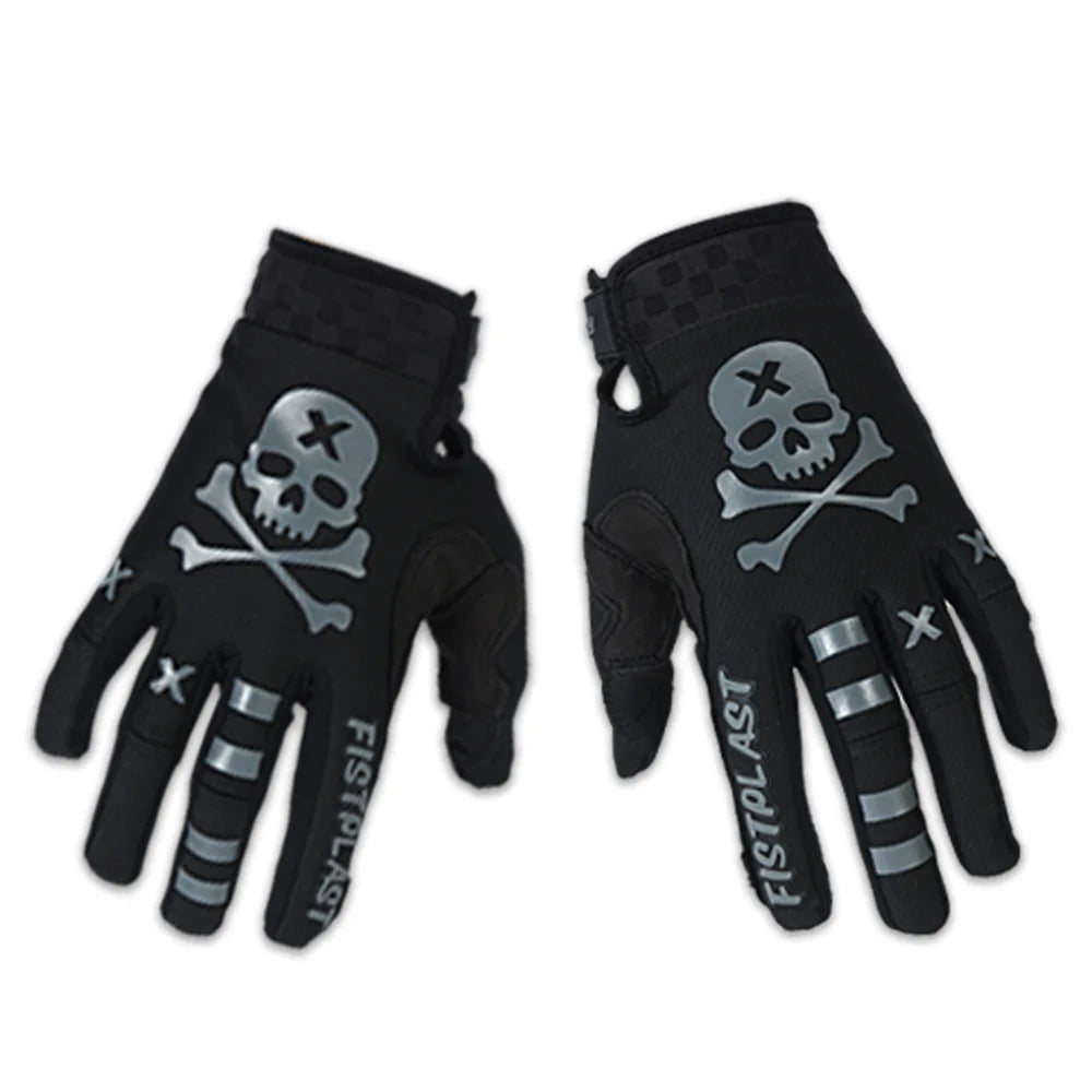 Black full finger motocross motorcycle gloves featuring a skull and crossbones design