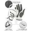 Une paire de gants de golf blancs montrant des particules anti-distants, des autocollants magiques et des trous perméables à 