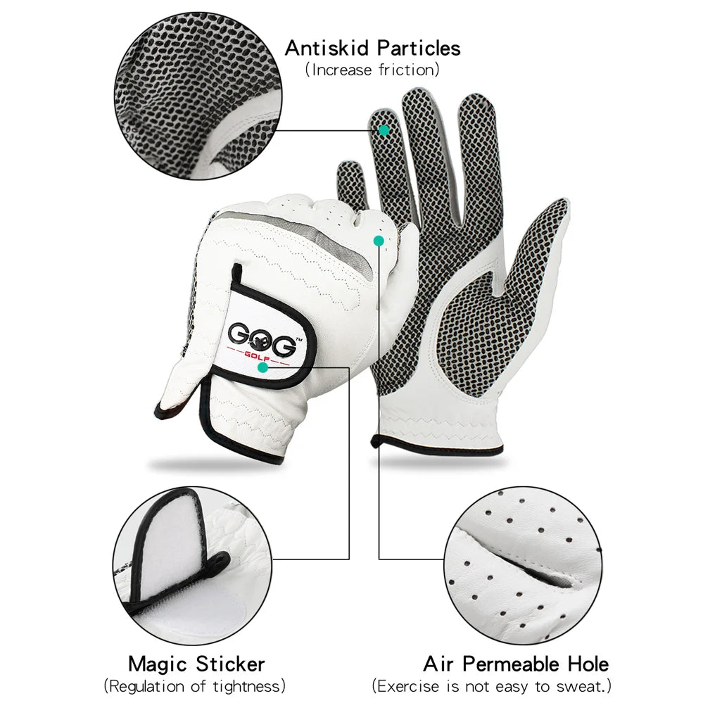 Une paire de gants de golf blancs montrant des particules anti-distants, des autocollants magiques et des trous perméables à 