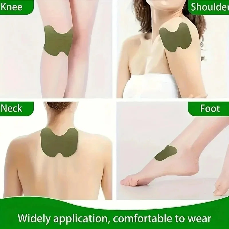 Acupuncture heat patches applied to various body parts including the knee, shoulder, neck, and foot.