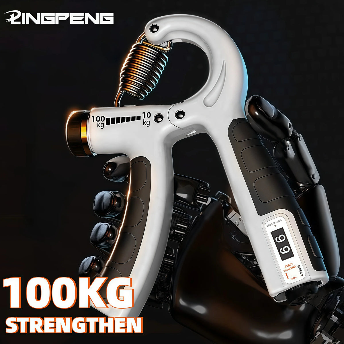 A white hand grip strengthener is shown, demonstrating its 100kg strength rating and design for forearm muscle building.
