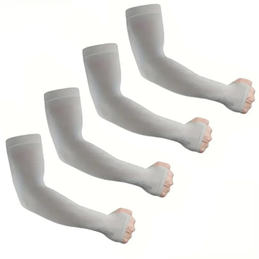 A set of light gray summer ice silk sun protection arm sleeves displayed individually.