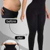Before and after comparison showing high-waist compression shaping leggings for body contouring.