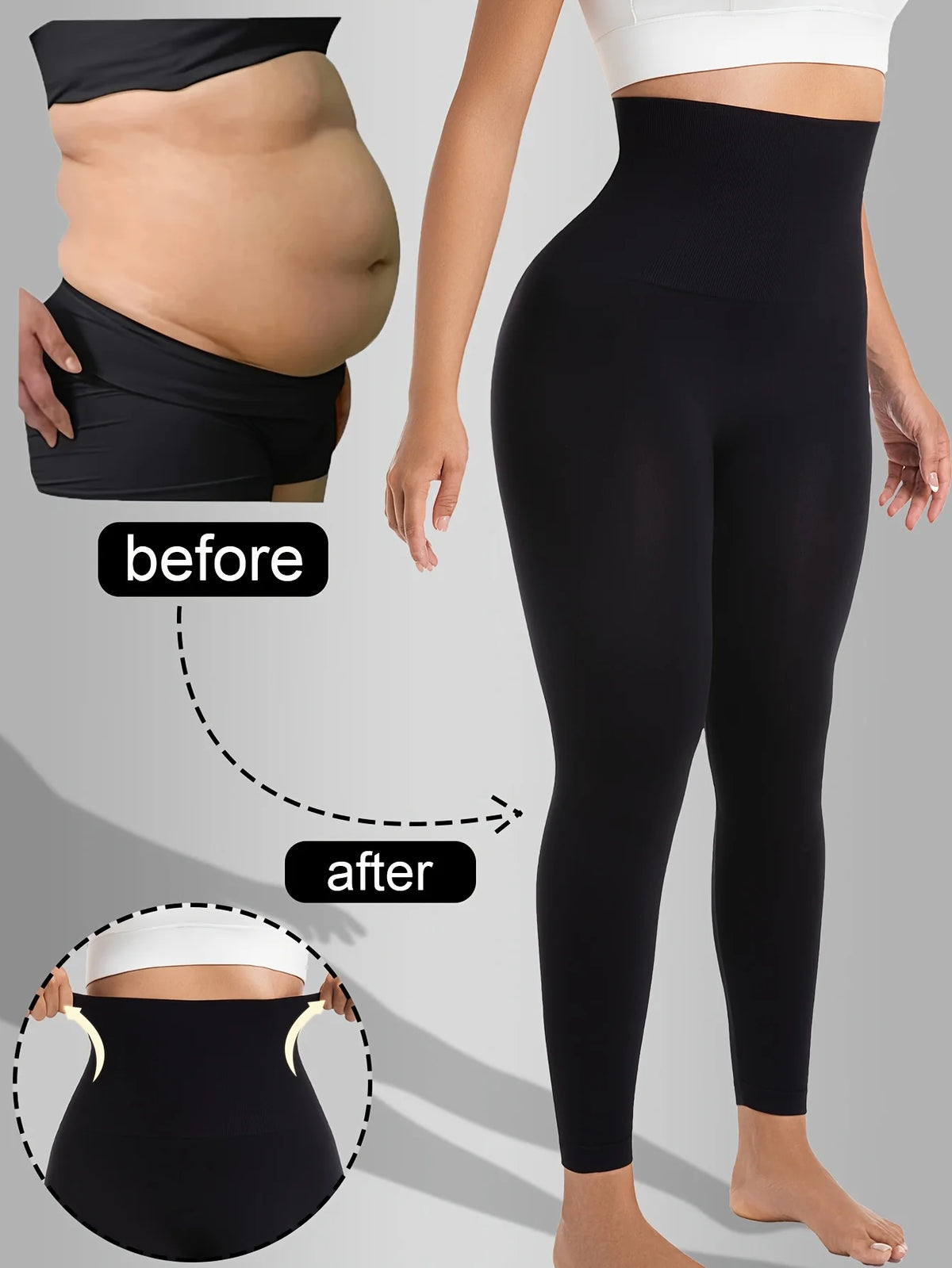 Before and after comparison showing high-waist compression shaping leggings for body contouring.